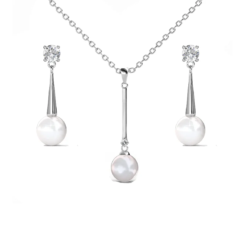 Classic Pearl Stud Earrings-Tatum 18k White Gold Necklace and Drop Dangle Pearl Earrings Jewelry Set with Swarovski Crystals