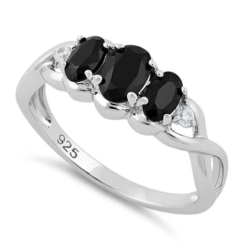 Handmade Engagement Rings-Sterling Silver Triple Oval Black CZ Ring