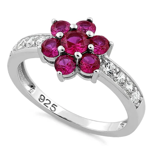 Custom Stacked Rings-Sterling Silver Ruby Plumeria Flower CZ Ring