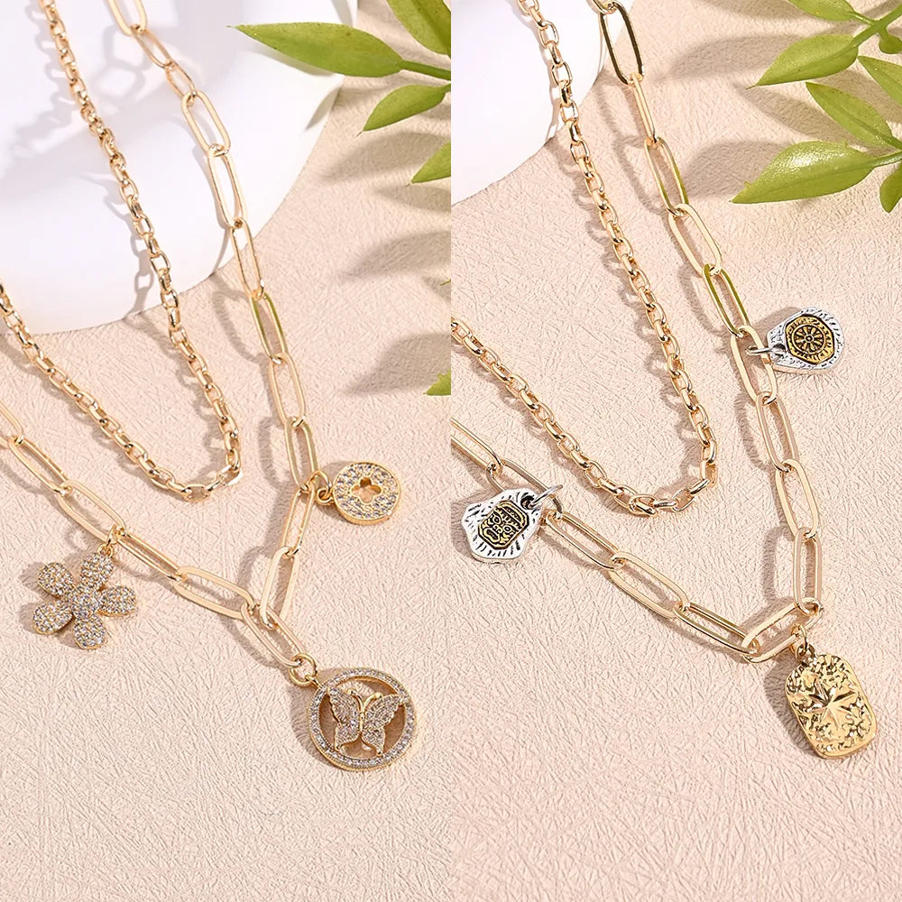 Spiritual Healing Necklaces-Copper 18K Gold Plated Imitation Gold  Polishing Inlay King Bai Hal Flower Butterfly Zircon Pendant Necklace