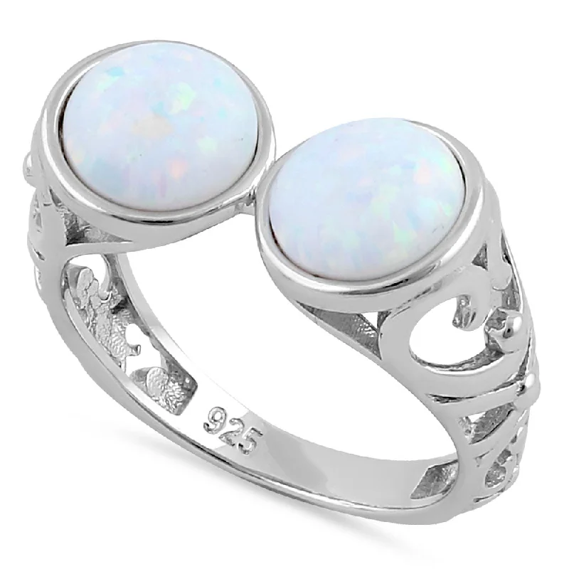 Designer Promise Rings-Sterling Silver Filigree White Lab Opal Double Sphere Ring