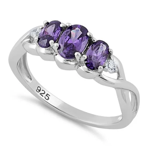 Custom Wedding Bands for Women-Sterling Silver Purple CZ 3-Stone Ring