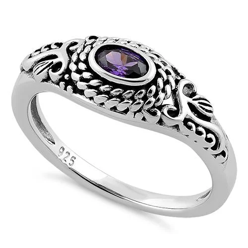 Artistic Wedding Bands-Sterling Silver Rope Amethyst CZ Ring