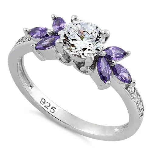 Classic Engagement Rings-Sterling Silver Purple CZ Ring