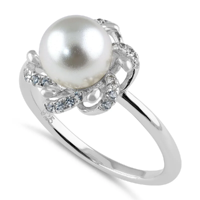 Birthstone Engagement Rings for Men-Sterling Silver Floral Shell Pearl CZ Engagement Ring