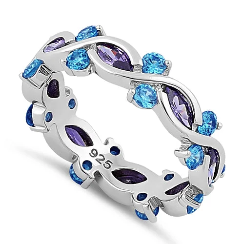 Custom Gemstone Wedding Bands-Sterling Silver Eternity Marquise Round Dark Violet & Blue Topaz CZ Ring