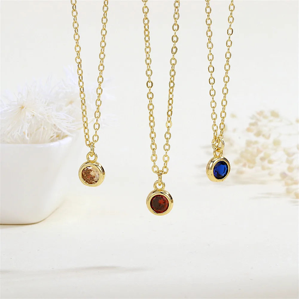 Bridesmaid Necklaces-Copper 18K Gold Plated Inlay Round Zircon Pendant Necklace