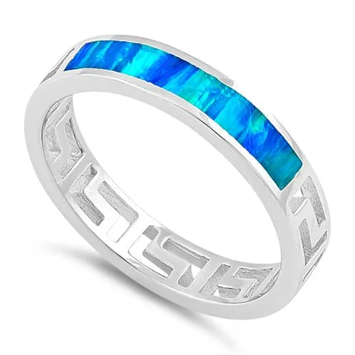 Designer Promise Rings-Sterling Silver Greek Blue Lab Opal Band Ring