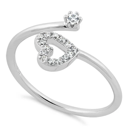 Gold Engagement Rings with Diamonds-Sterling Silver Adjustable Heart CZ Ring