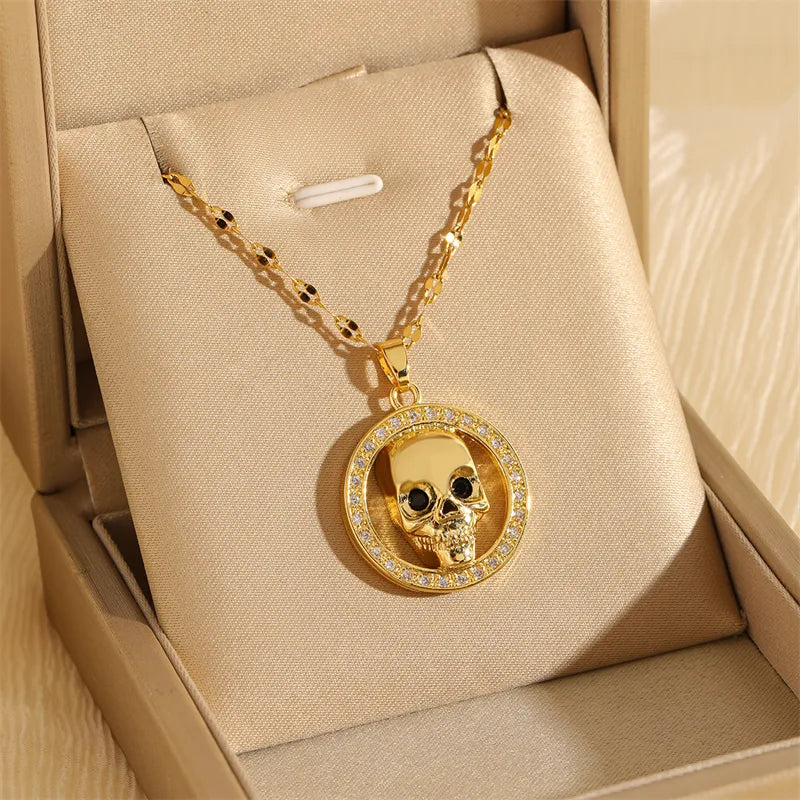 Amethyst Necklaces-201 Stainless Steel Brass 18K Gold Plated Hollow Out Inlay Skull Zircon Pendant Necklace