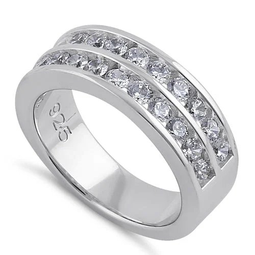 White Gold Engagement Rings-Sterling Silver Clear CZ Double Row Wedding Band