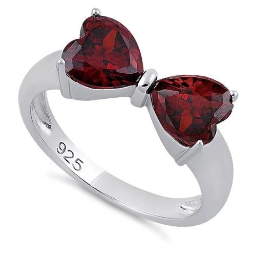 Art Deco Rings-Sterling Silver Bow Heart Cut Garnet CZ Ring