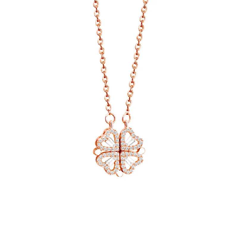 Rose Gold Clover Diamond-Studded Necklace