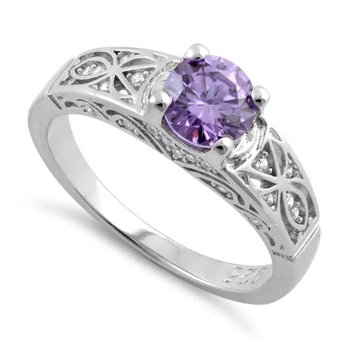 Custom Gemstone Wedding Bands-Sterling Silver Amethyst Round Cut Engagement Ring