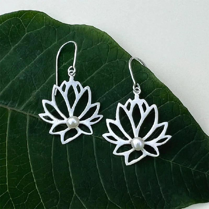 High-End Silver Earrings-Lotus Pearl Earrings - Sterling Silver, Indonesia