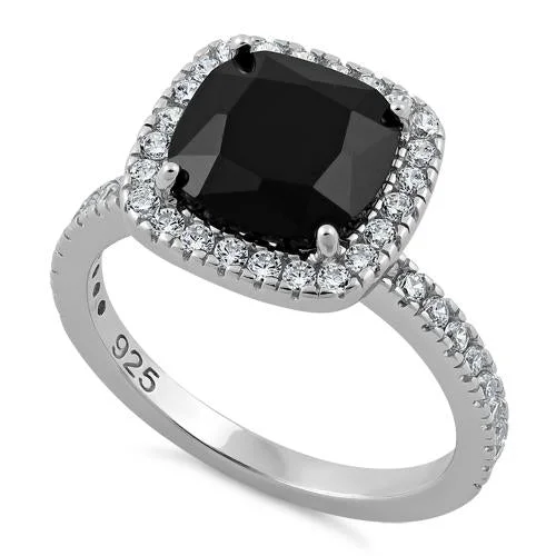 Fashionable Cocktail Rings-Sterling Silver Cushion Cut Black CZ Ring