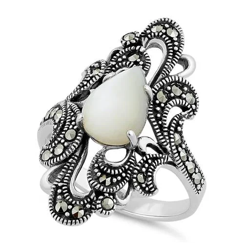 Women’s Wedding Rings-Sterling Silver Pear Shape Mother of Pearl Marcasite Ring