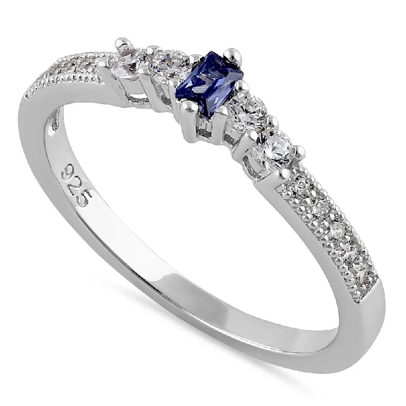 Custom Ring Sets for Couples-Sterling Silver Emerald Cut Dark Tanzanite CZ Ring