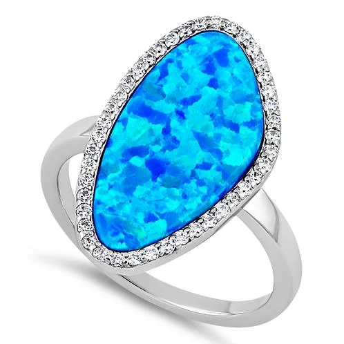 Women’s Gold Engagement Rings-Sterling Silver Tri-Oval Blue Lab Opal CZ Ring