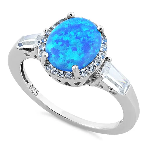 Custom Men’s Wedding Rings-Sterling Silver Oval Blue Lab Opal CZ Ring