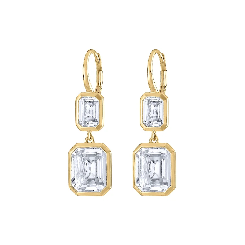 Personalized Drop Stud Earrings-14KT GOLD WHITE TOPAZ DOUBLE BEZEL DROP EARRING