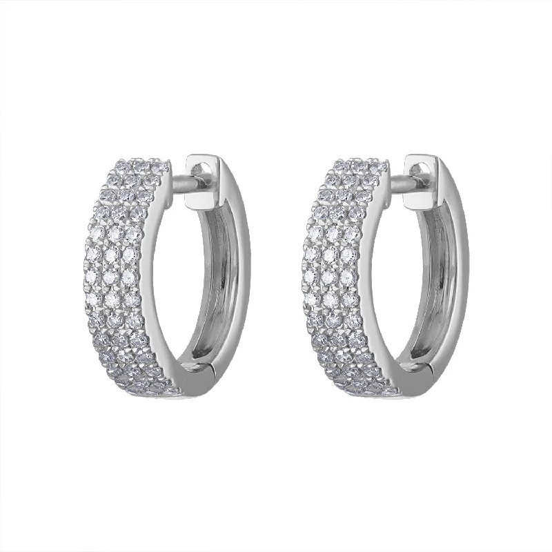 Shiny Gemstone Drop Earrings-14KT GOLD THREE ROW PAVE DIAMOND HUGGIE EARRING