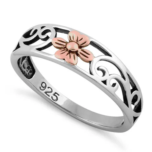 Handmade Promise Rings-Sterling Silver Two Tone Rose Gold Plated Flower Ring