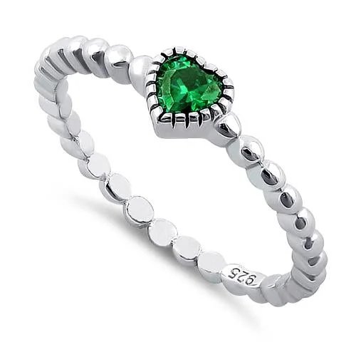 Platinum Wedding Bands-Sterling Silver Beaded Emerald Heart CZ Ring