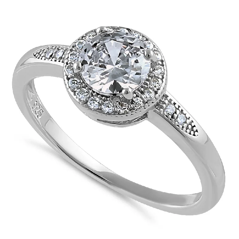 Women’s Engagement Ring Sets-Sterling Silver Elegant Round Halo Clear CZ Ring