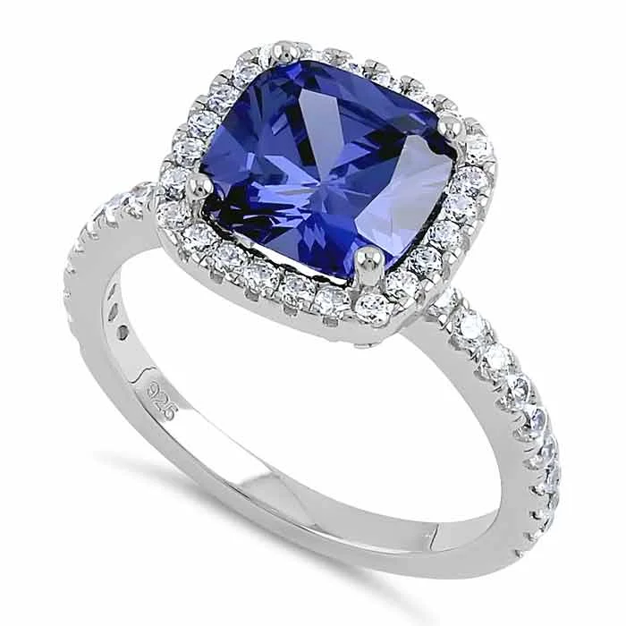 Wedding Rings with Personalized Engraving-Sterling Silver Cushion-Cut Tanzanite-tone CZ Ring