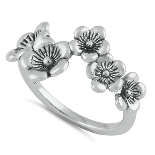 Custom Engraved Diamond Rings-Sterling Silver Flowers Ring