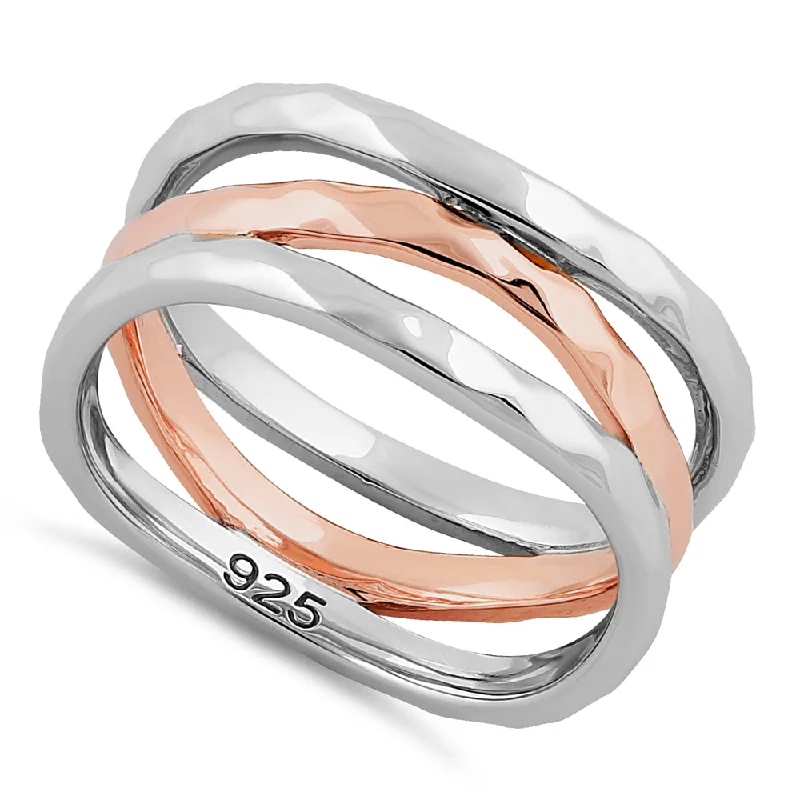 Designer Engagement Bands-Sterling Silver Two Tone Rose Gold Plated 3 Wavy Hammered Ring