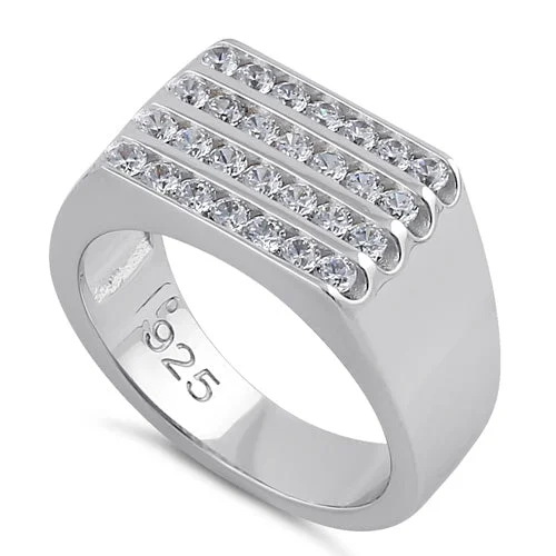 Large Statement Engagement Rings-Sterling Silver 4 Row CZ Men's Ring