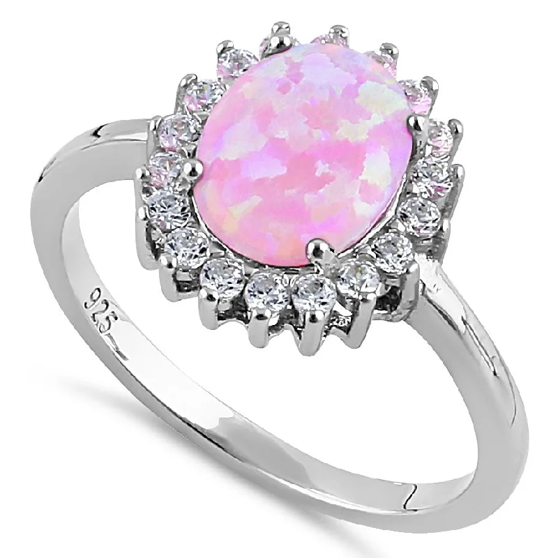 Custom Diamond Engagement Rings-Sterling Silver Pink Opal Oval CZ Halo Ring