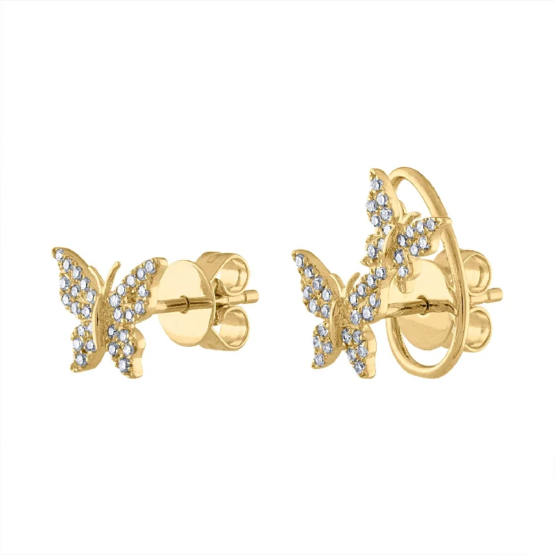 Luxury Gemstone Earrings-14KT GOLD DIAMOND ASYMMETRICAL BUTTERFLY EARRING