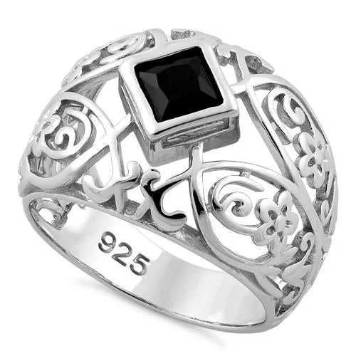 Women’s Stackable Rings-Sterling Silver Fleur-de-lis Flower Black CZ Ring