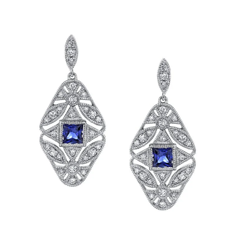 Silver Clip-On Earrings-14K White Gold 0.42ct. Sapphire & 0.25ct. Diamond Antique Inspired Drop Earrings