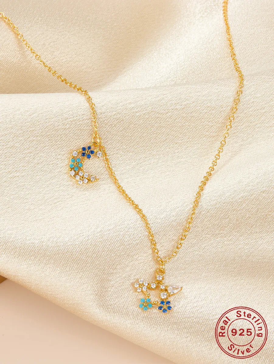 Colorful Gemstone Necklaces-Fairy Style Sweet Star Moon Flower Sterling Silver 18k Gold Plated Zircon Pendant Necklace In Bulk