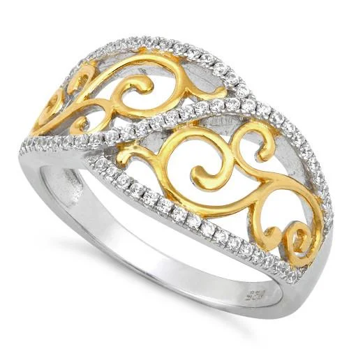 Wedding Ring Stack-Sterling Silver Vines Two-tone Gold Plated CZ Ring