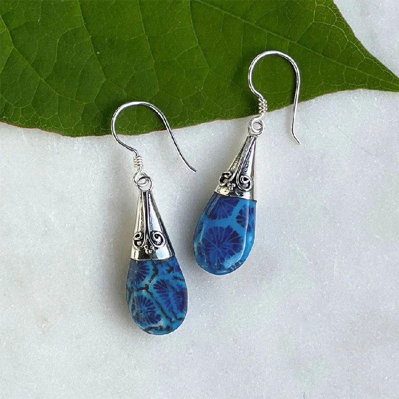 Classic Silver Stud Earrings-Blue Coral Filigree Earrings - Sterling Silver, Indonesia