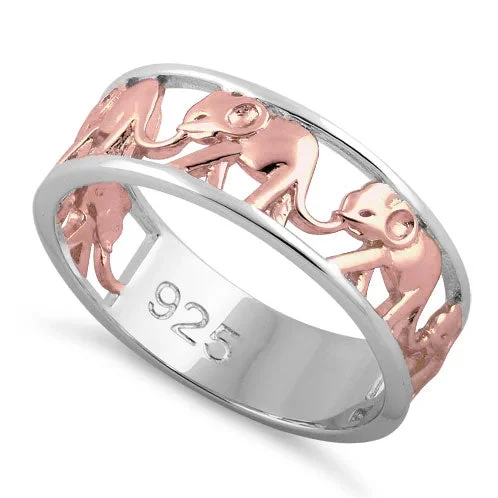 High-End Diamond Rings-Sterling Silver Two Tone Rose Gold Plated Multiple Elephants Ring