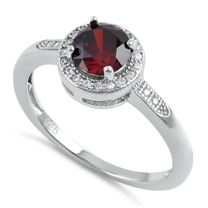 Personalized Engagement Band-Sterling Silver Elegant Round Halo Dark Garnet CZ Ring