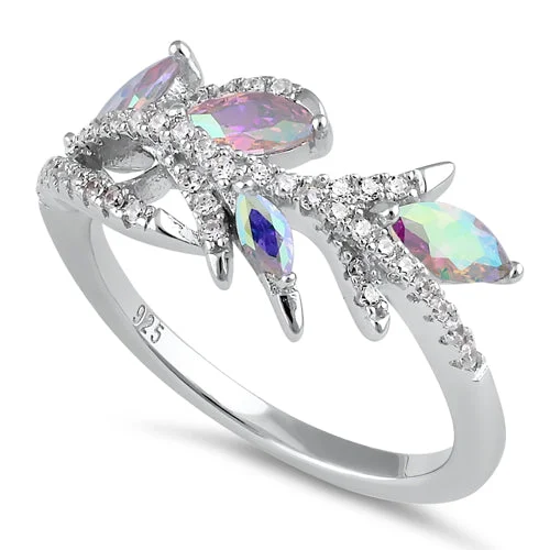 Wedding Ring Sets-Sterling Silver Vine Leaves Iridescent Rainbow CZ Ring