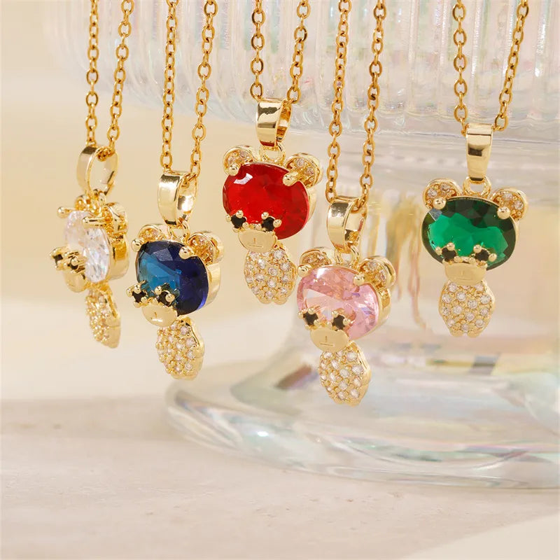 Designer Silver Necklaces-304 Stainless Steel Copper K Gold Plated Cute Sweet Korean Style Three-Dimensional Inlay Little Bear Zircon Pendant Necklace