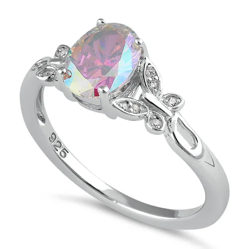 Wedding Band Customization-Sterling Silver Double Butterfly Iridescent Rainbow Center Stone CZ Ring