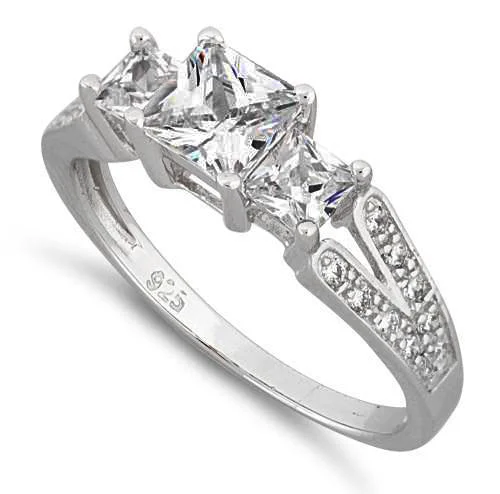 Women’s Vintage Wedding Rings-Sterling Silver Triple Princess Cut CZ Ring