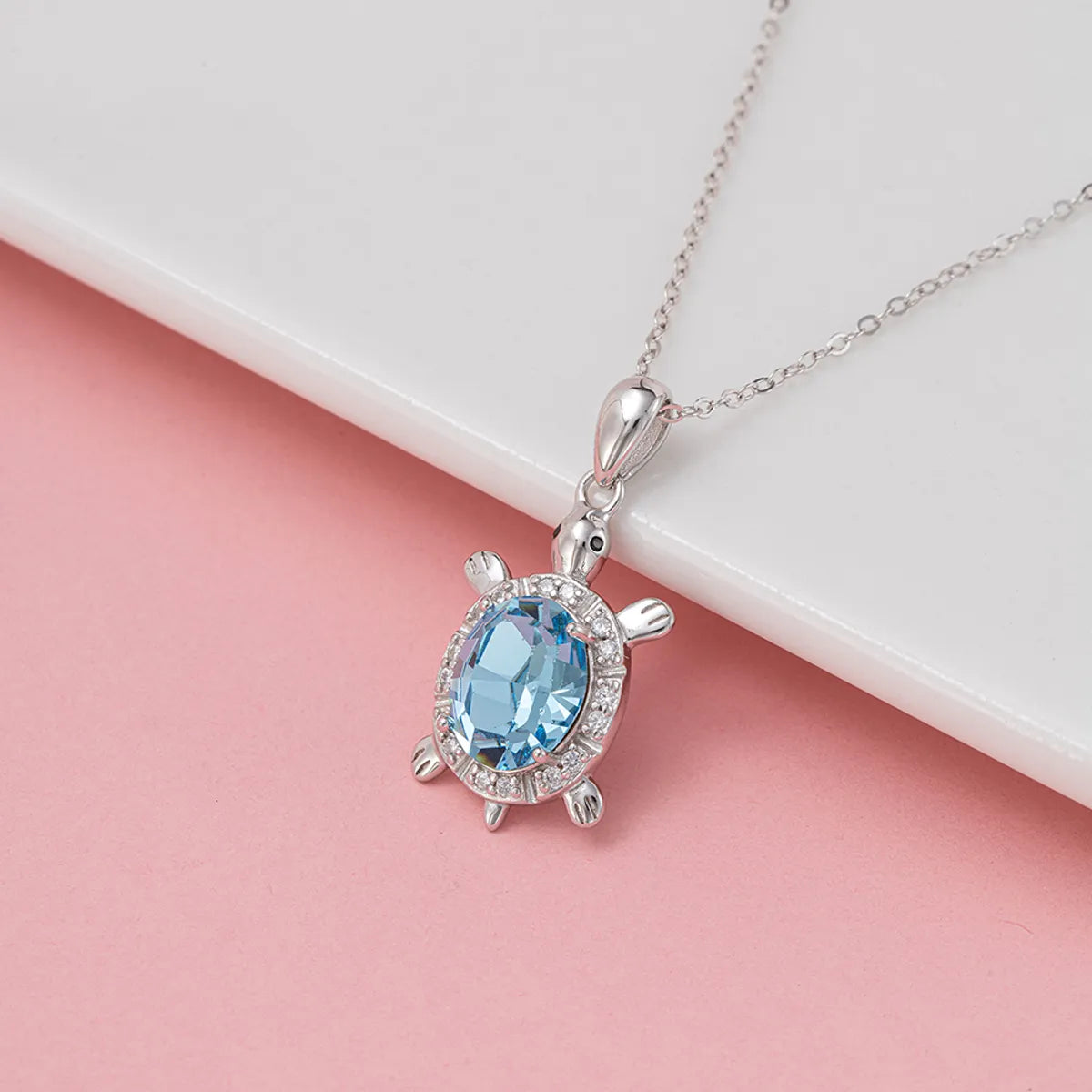 Gold Chain Necklaces-Sterling Silver White Gold Plated IG Style Cute Shiny Handmade Polishing Inlay Tortoise Crystal Zircon Pendant Necklace