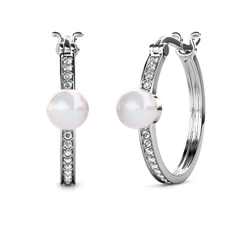 Elegant Gemstone Drop Earrings-Nyla 18k White Gold Plated Pearl Hoop Earrings with Swarovski Crystals