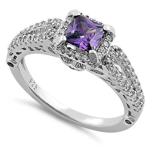 Artistic Diamond Rings-Sterling Silver Lavish Princess Cut Amethyst CZ Ring