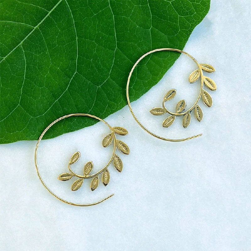 Artistic Hoop Earrings-Leaf Spiral Earrings - Brass, India